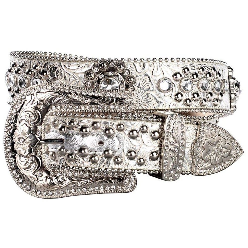 BLAZIN ROXX FLORAL CONCHO & CRYSTAL METALLIC SILVER LEATHER BELT Large
